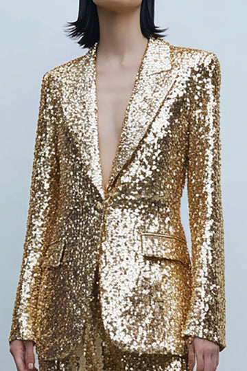 Sparkly Gold Sequins Notched Lapel 2 Pieces Women Tuxedo